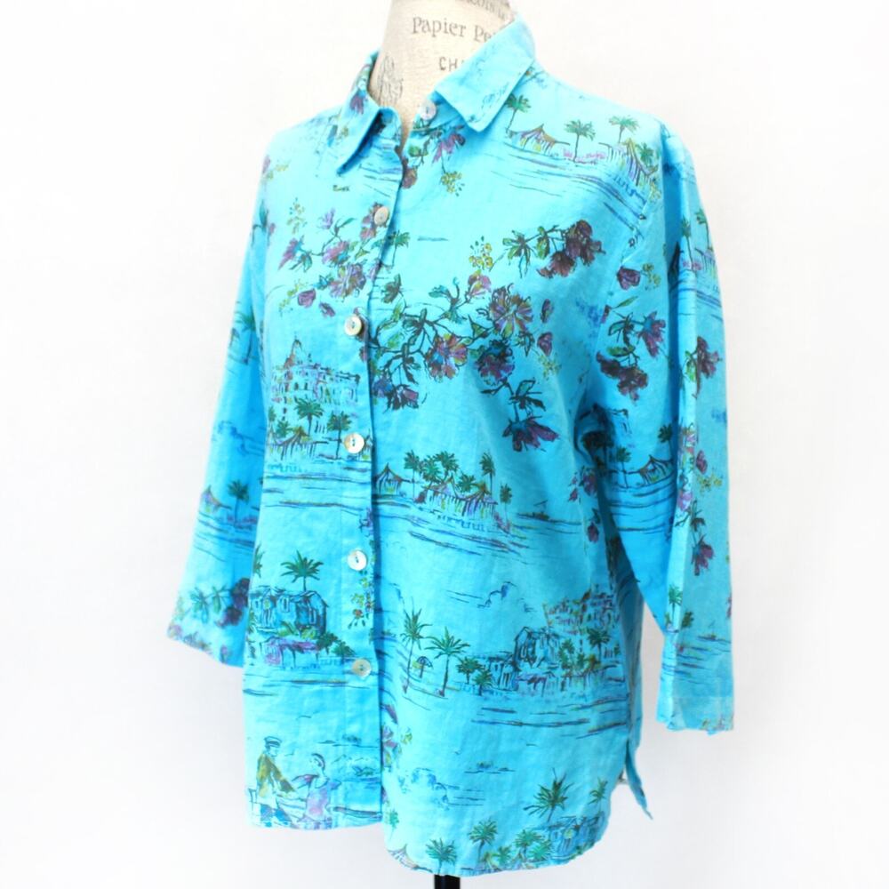 Mofaic 100% Linen Floral button down blouse top women's size small made in USA